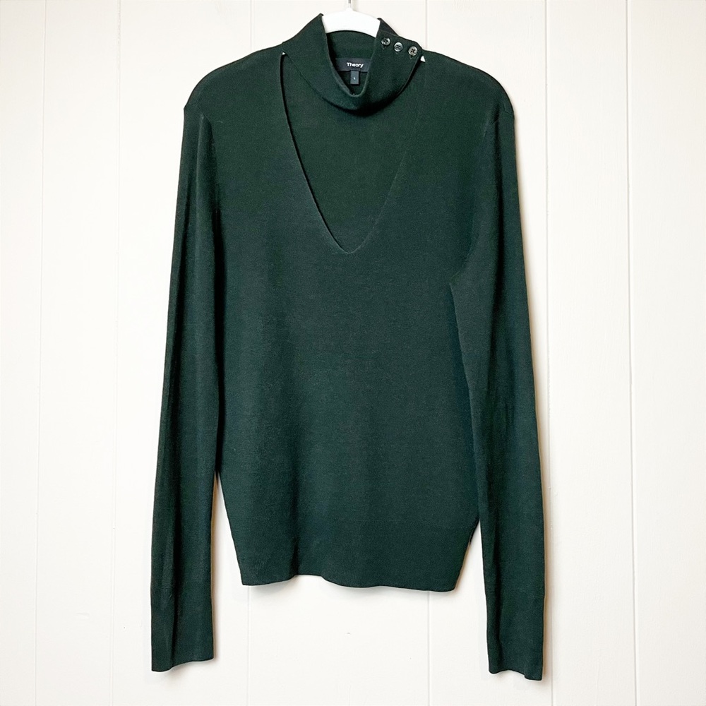 Theory Tie Neck Sweater Large mock button cutout lightweight green silk cashmere - Picture 2 of 10